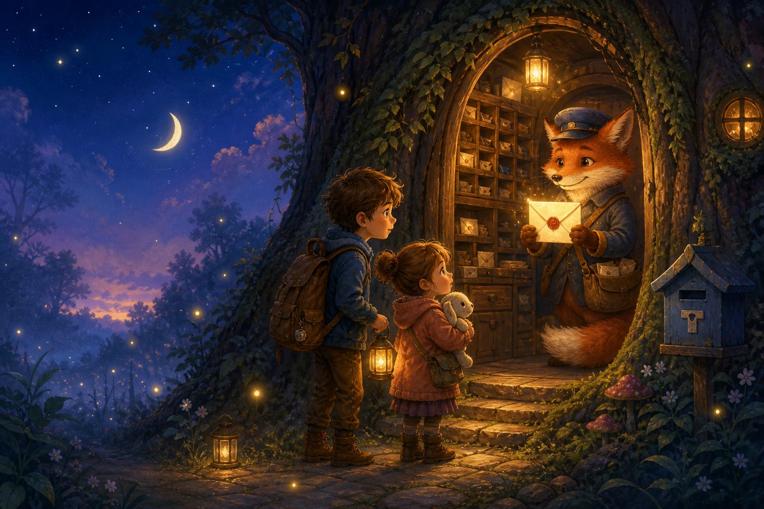 Two children meeting a friendly fox mail carrier at a glowing tree post office